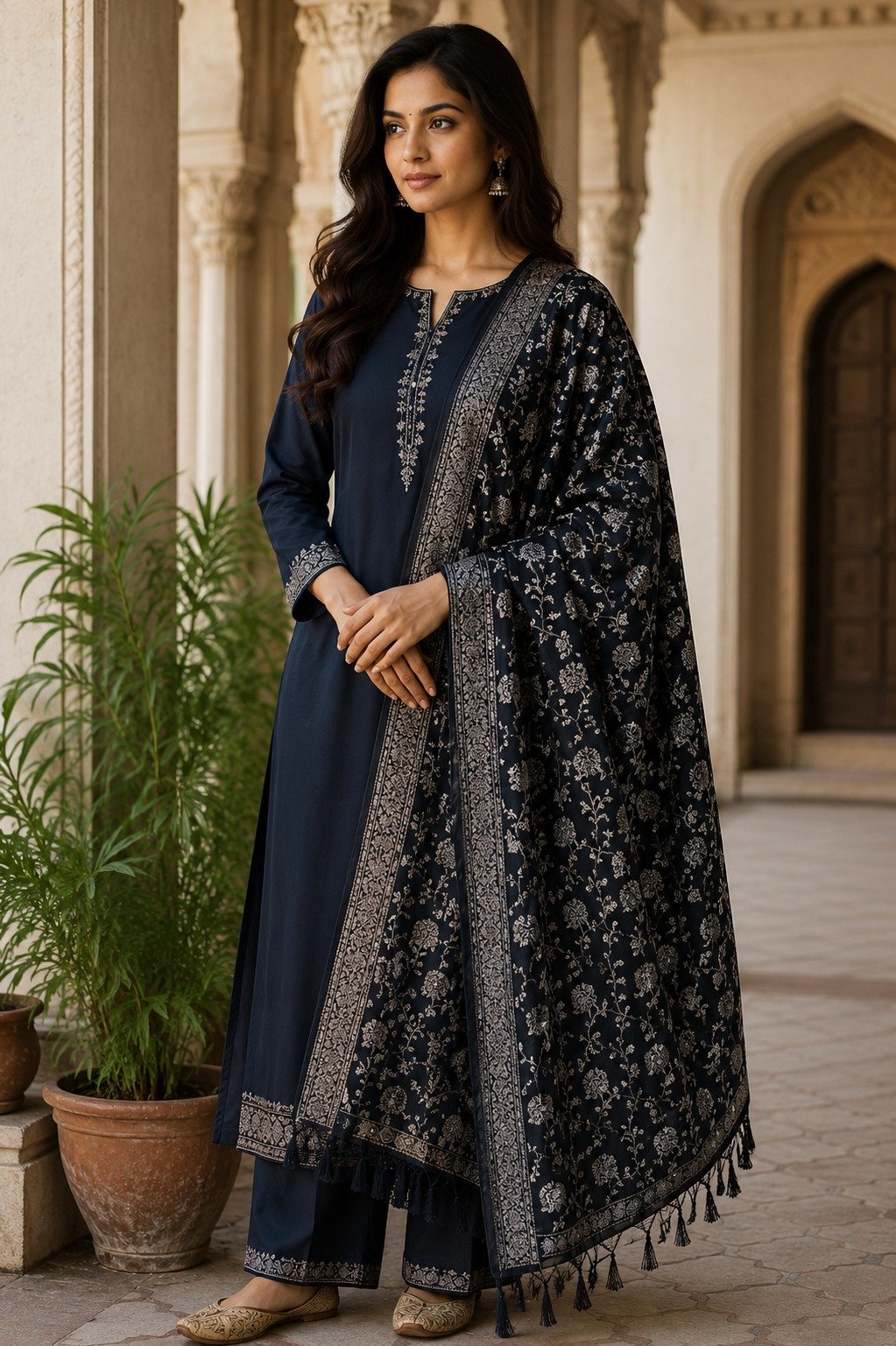 Viscose Shawl, Viscose Shawl Navy Blue Floral design